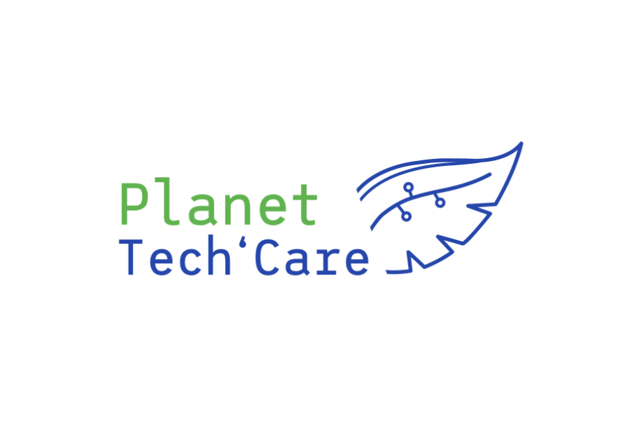 Logo avec une feuille qui dit "Planet Tech care". Le rachat et recyclage d'actives informatiques aident la Planète.